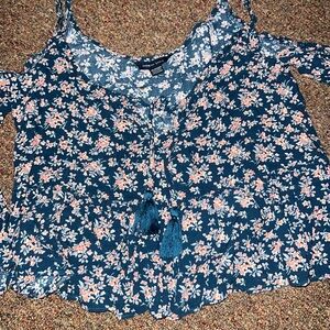 American Eagle XS Floral Blue Women's Crop Top Shoulder Cut Out Tank-LongSleeve